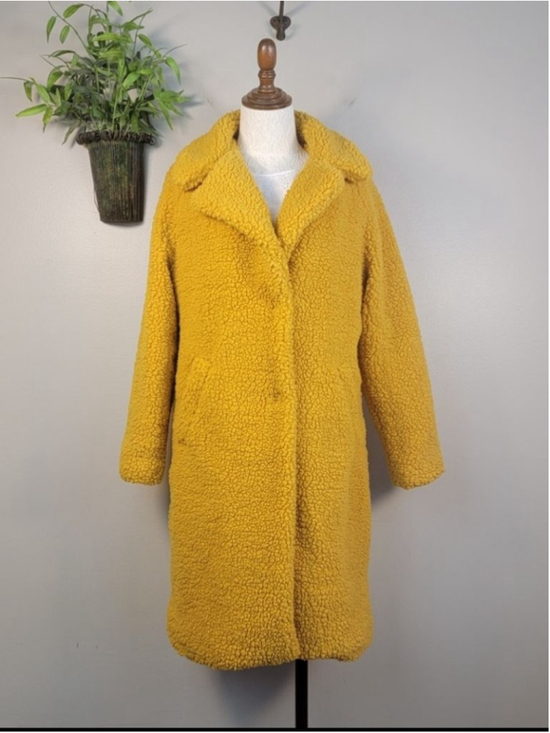 Lucky Brand Jackets & Blazers - Lucky Brand M Teddy Jacket Fluffy Long Notched Collar Yellow Fuzzy Cozy Coat